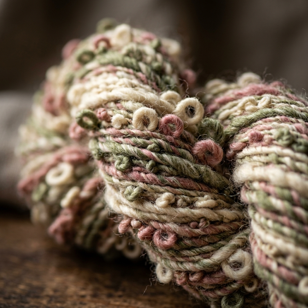 Boucle yarn showing distinctive looped texture in ivory, sage, and dusty rose