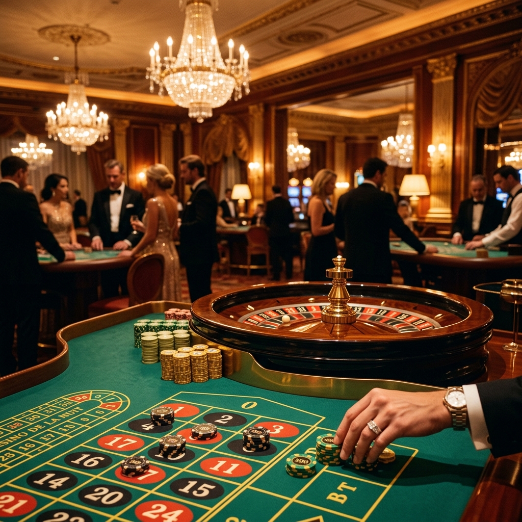 Luxury casino gaming floor with intricate patterned carpet