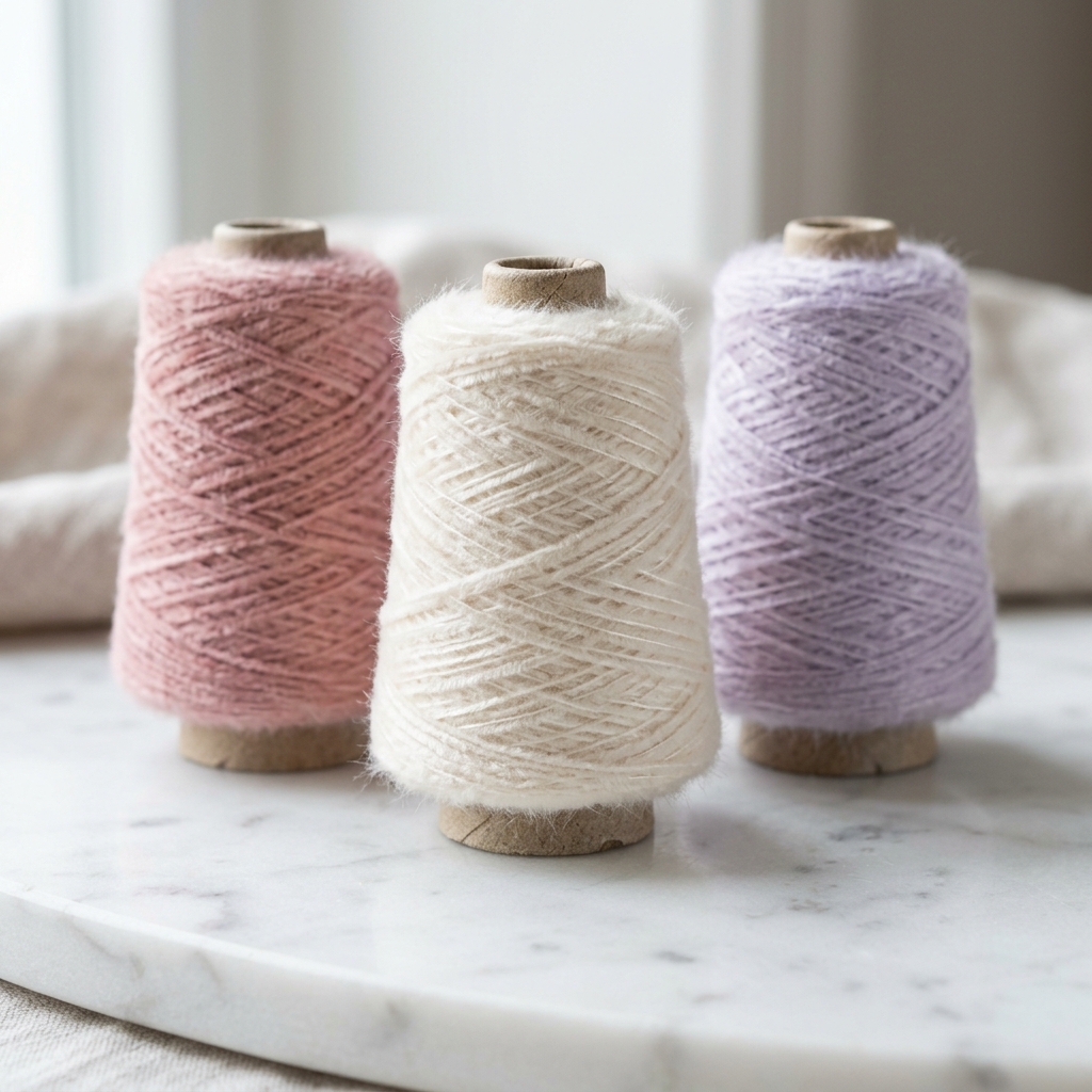 Fine Chenille Yarn 150/1 cones in soft ivory, dusty rose, and pale lavender