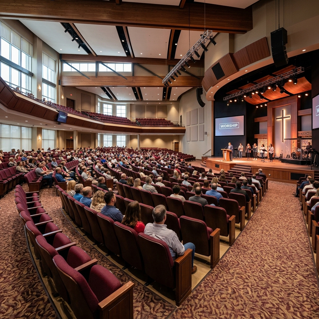 Cathedral sanctuary with rich red carpet aisle and upholstered pews