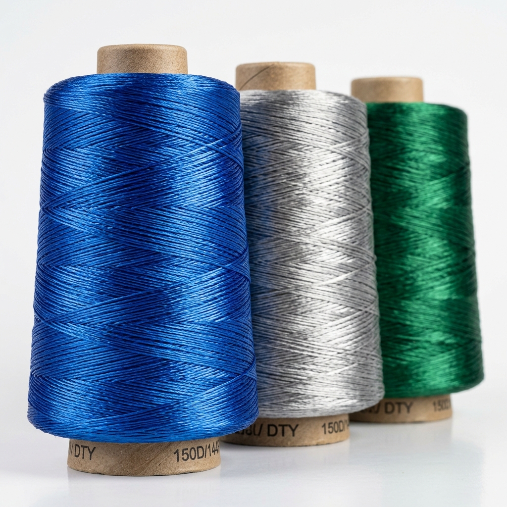 DTY Draw Textured Yarn bobbins in blue, silver, and green