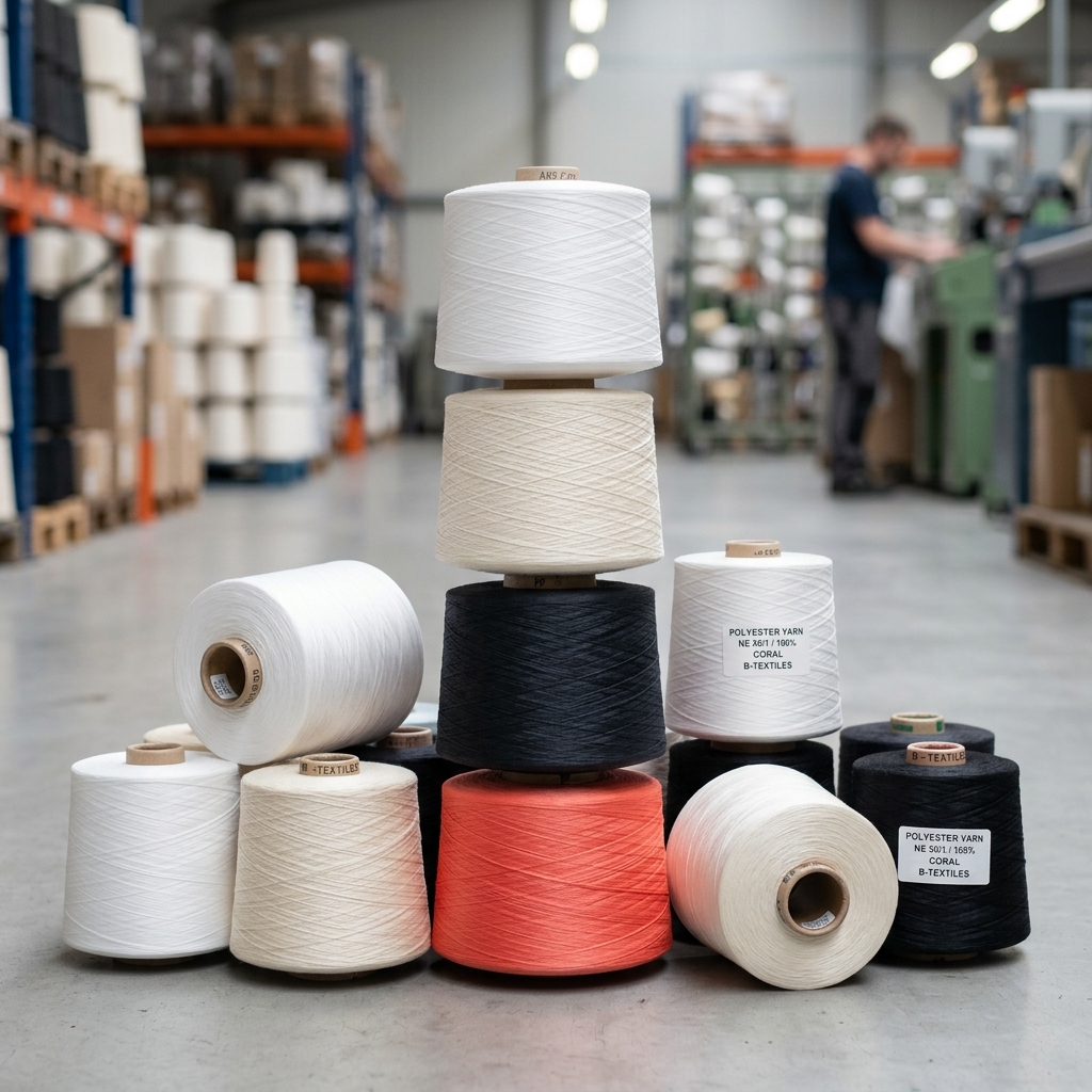 Raw polyester yarn cones in white, cream, black, and coral