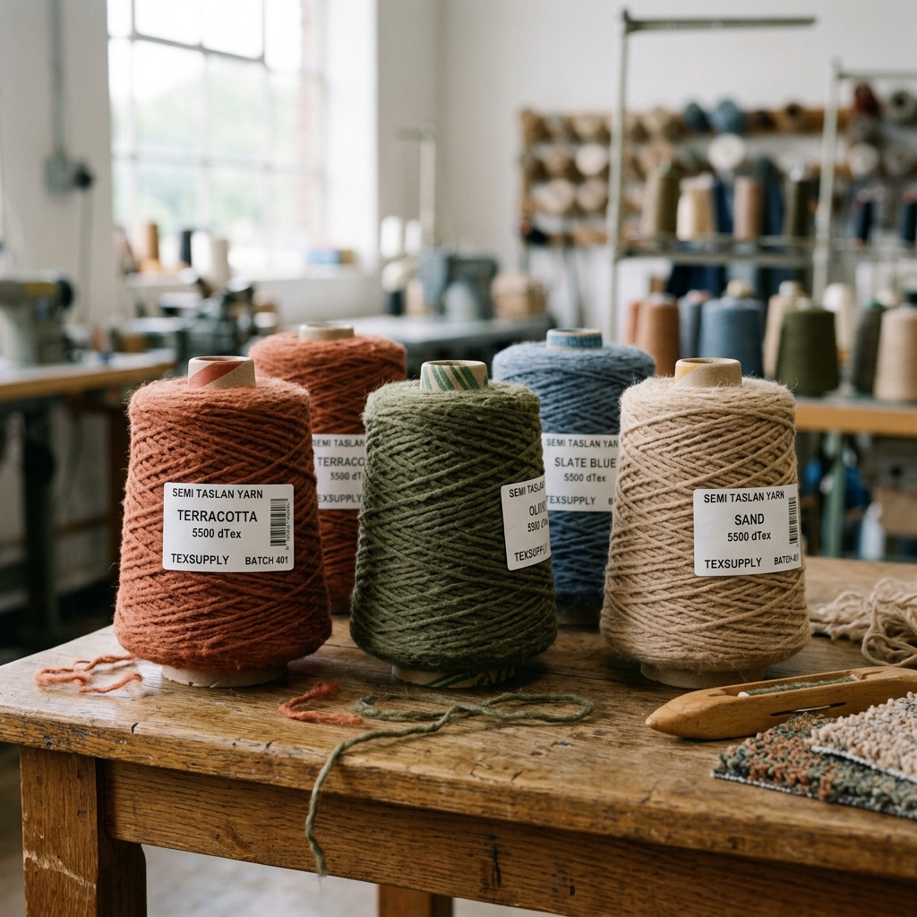 Semi Tazlan yarn cones in terracotta, olive, sand, and slate blue