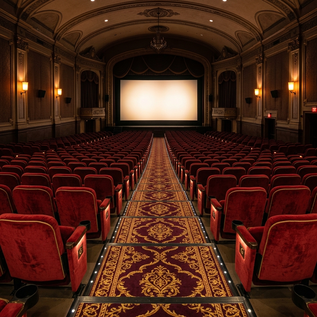 Grand movie theater with plush red velvet seats and ornate carpet aisle