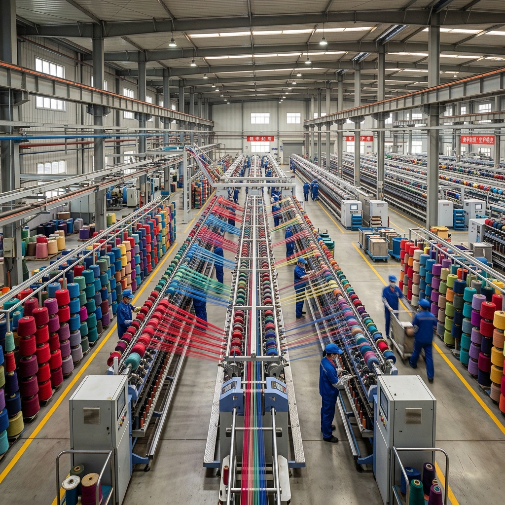 Premium yarn factory production floor with colorful cones