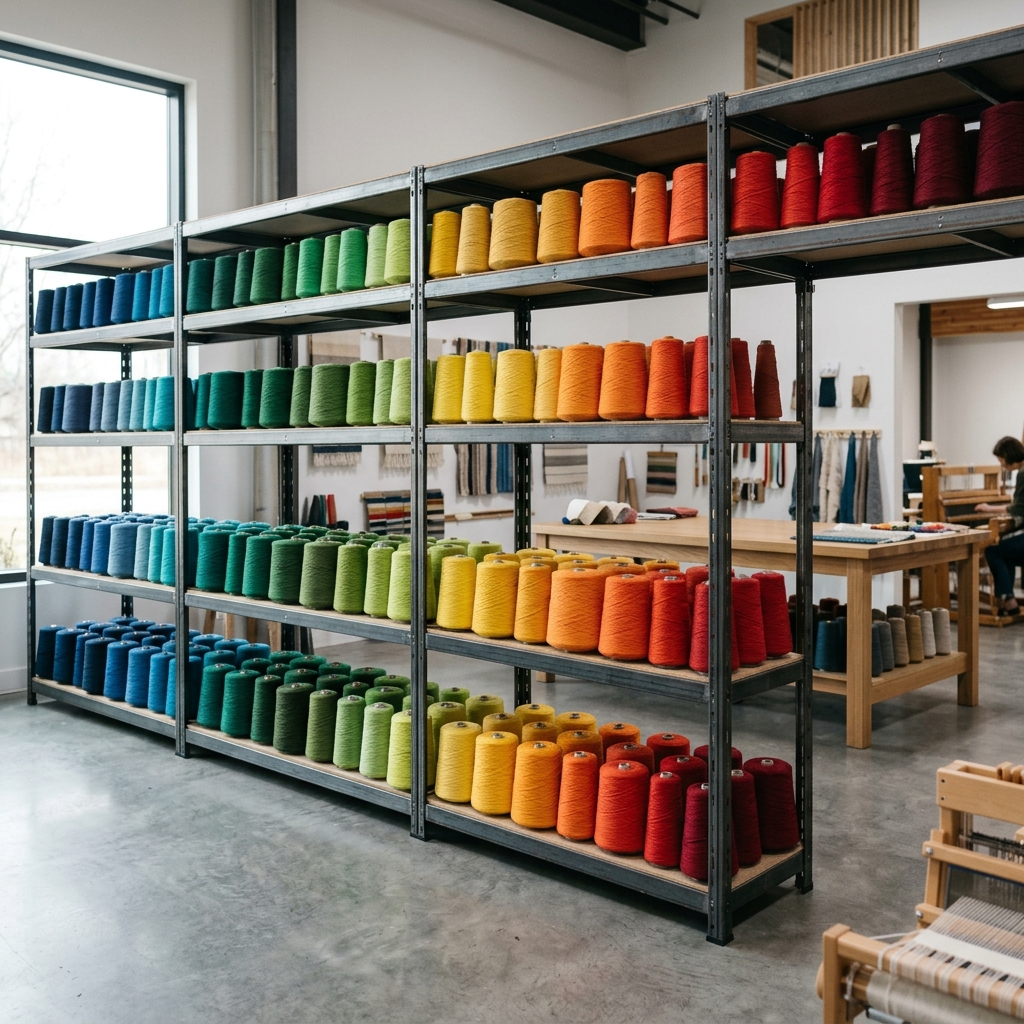 Colorful yarn cones arranged on manufacturing shelves